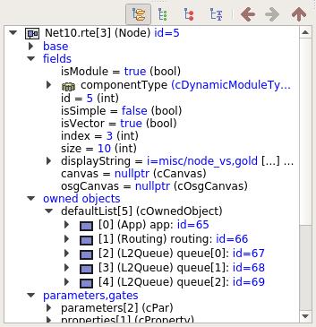 The Qtenv Graphical Runtime Environment via the Back, Forward, and Go to Parent buttons, and also by double-clicking objects shown inside the inspector's area. Figure 7.13.