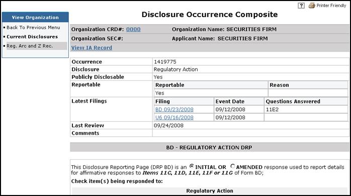 Viewing Organization Disclosures (Continued) NOTE: A second browser will open where the user can view a composite of the BD DRP and the U6 DRP, if those DRPs exist for the