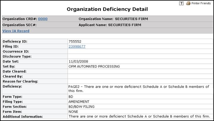 Viewing Organization Deficiencies (Continued) Click the Deficiency hyperlink:
