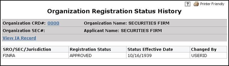 Viewing Organization Registration Status Click Registration Status from the