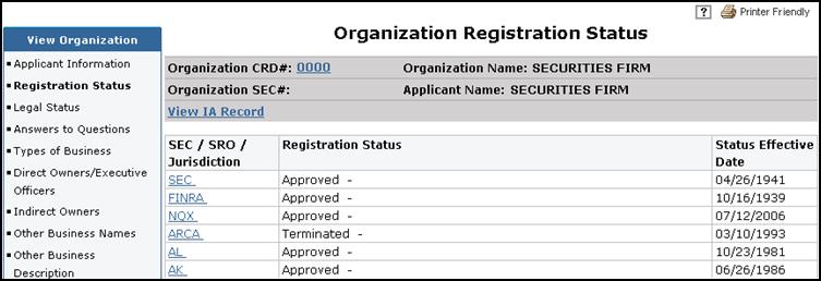 To view Organization Registration Status History, click on the desired