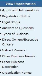 Viewing Organization Direct Owners/Executive Officers or Indirect Owners: Click Direct Owners/Executive Officers or Indirect Owners from the Navigation Bar: NOTE: The example below