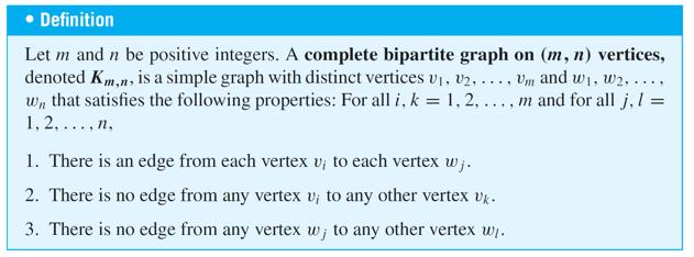 Special Graphs In complete bipartite graph: the vertex set can be separated into two subsets: Each vertex in one of the