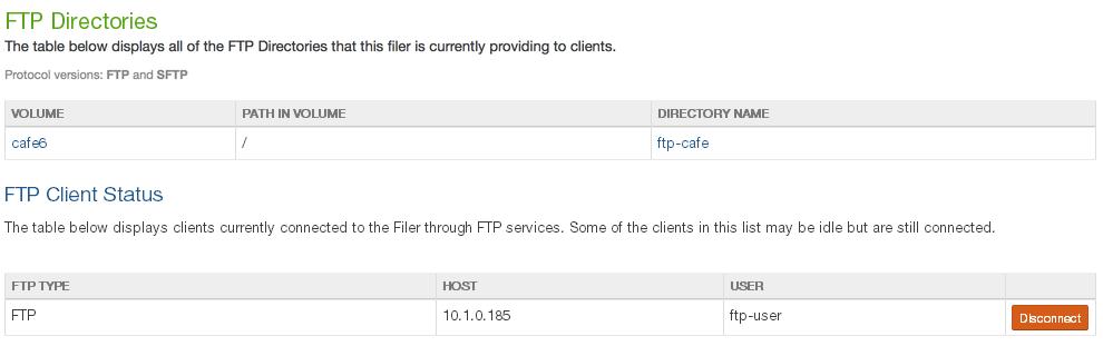 Disconnecting FTP clients To disconnect an FTP/SFTP client, follow these steps: 1. Click Status, then select FTP Status from the list. The FTP Directories page displays a list of FTP/SFTP clients.