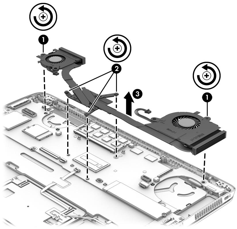 4. Using both hands, lift up both fans at the same time and remove the assembly (3). CAUTION: Take extreme care when removing the heat sink and fan assembly.