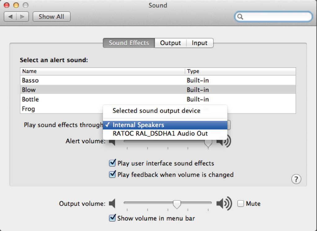 5-2. Setting 'Sound Effects' output to Internal Speakers Click on the "Sound Effects" tab to prevent alerts and effect sounds such