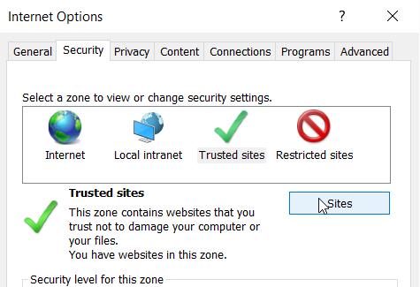 3. Select the Security tab. 4. Click on the Trusted Sites icon, then click the Sites button.