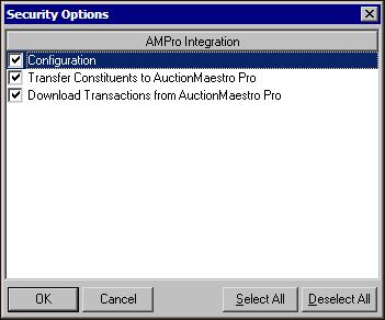 For each area of AuctionMaestro Pro Integration you want the members of the security group to have access, mark the corresponding checkbox.