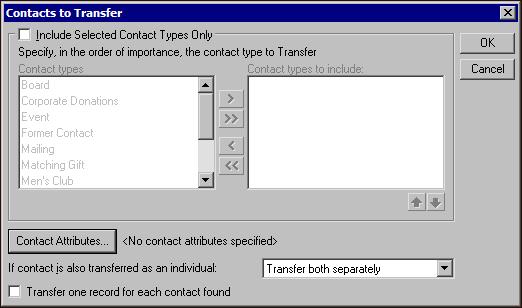 TRANSFER CONSTITUENTS TO AUCTIONM AESTRO PRO 31 3. In the Step 2 frame, select the contact types to consider for transfer. Click Contact Types to Transfer. The Contacts to Transfer screen appears. 4.
