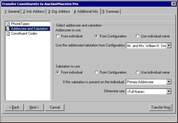 TRANSFER CONSTITUENTS TO AUCTIONM AESTRO PRO 35 4. In the box on the left, select Addressee and Salutation. The Select addressee and salutation frame appears. 5.