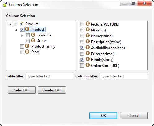 Defining the business entities to be analyzed and setting indicators 5. Click the business entity name to display all its record in the right-hand panel of the [Column Selection] dialog box. 6.
