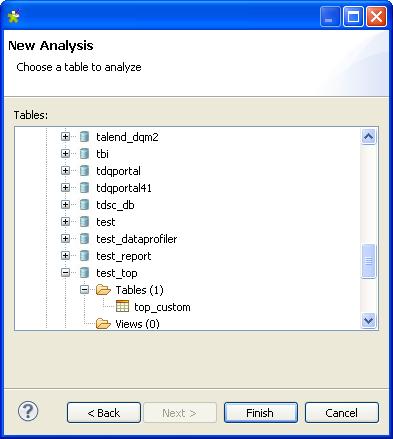 Creating a table analysis with SQL business rules Selecting the table you want to analyze Expand DB Connections, browse to the table to be analyzed and select it.