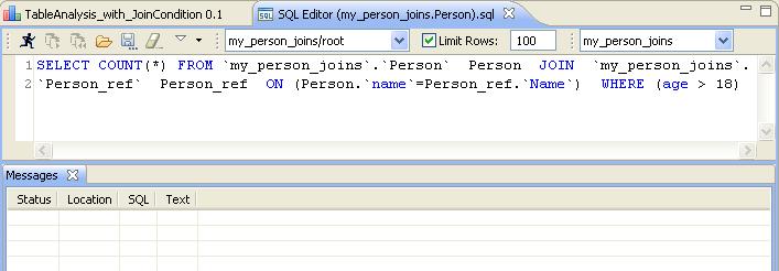 Creating a table analysis with SQL business rules The SQL editor opens in the Studio. Modify the query in the top part of the editor to read as the following: SELECT `person_joins`.