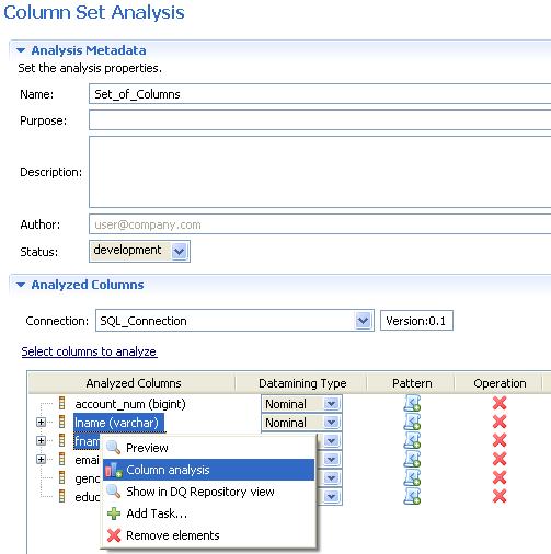 Creating a column analysis from a simple table analysis 6.4.