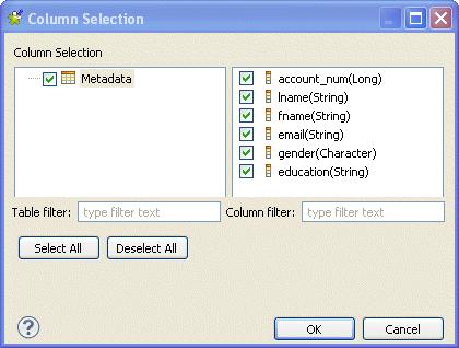 Creating a column set analysis on a delimited file using patterns You can filter the table or column lists by typing the desired text in the Table filter or Column filter fields respectively.