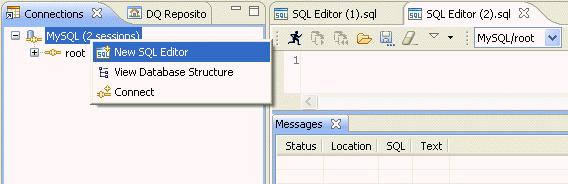 Icons appended on analyses names in the DQ Repository In the Connections view of the Data Explorer perspective, right-click any connection in the list. A contextual menu is displayed.