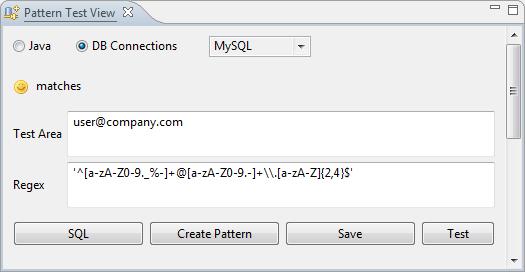 Managing regular expressions and SQL patterns 3. Click the Test button next to the definition against which you want to test a character sequence to proceed to the next step.