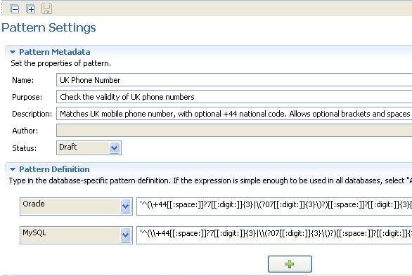 Managing regular expressions and SQL patterns 4. Modify the pattern metadata, if required, and then click Pattern Definition to display the relevant view.
