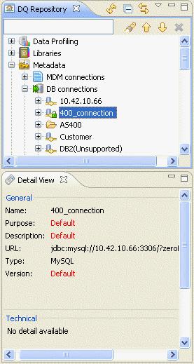 Profiling workspace The figure below shows an example of the detailed view of the selected DB connection. You can use the local toolbar icons to manage the display of Detail View. A.6.