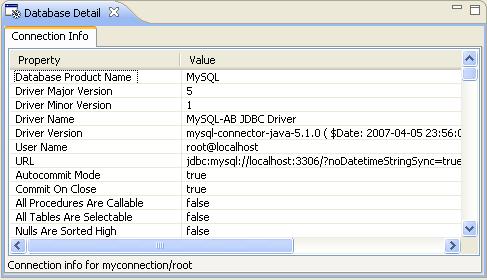 Database Detail view When you select a database node in the Database Structure view, the Database Detail view will show you the connection information as shown