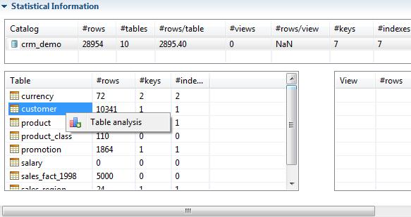 Creating a schema analysis 8. If required, click the catalog in the analytical table to open a result list that details all tables included in the selected catalog with a summary of their content.