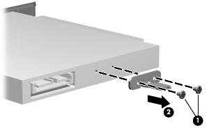 7. Remove the two Phillips PM2.0 3.0 screws (1) that secure the optical drive bracket to the optical drive. 8.