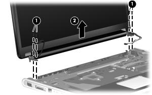 4. Remove the display assembly (2). NOTE: Steps 5 through 27 provide display assembly internal component removal information for computers equipped with AntiGlare display assemblies.