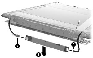 Disconnect the display inverter from the double-sided tape securing it to the display, and then release the display inverter (1) as far from the display bezel as the display panel cable and backlight