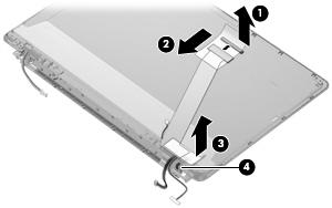 23. Remove the cable from the clip on the right display hinge (4). 24. If it is necessary to replace the display hinges, remove the four Phillips PM2.