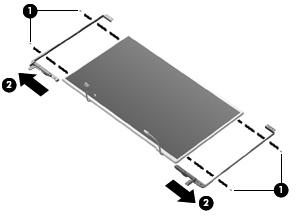 37. Remove the display hinges (2). The display hinges are available in the Display Hinge Bracket Kit, spare part 512360-001 (16-inch display) or 512365-001 (15.