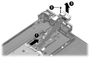 d. Display assembly (see Display assembly on page 68). e. Top cover (see Top cover on page 80). Remove the USB board: 1. Disconnect the USB board cable (1) from the LIF connector on the system board.