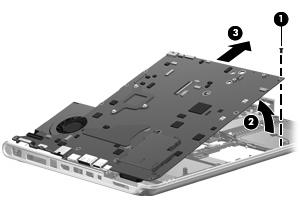Remove the Phillips PM2.5 7.0 screw (1) that secures the system board to the base enclosure. 4.
