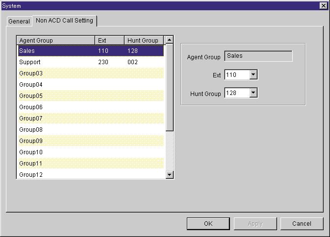 Configuration 3.1.2 Setting Non ACD Call Transfer This section describes how to specify the setting for transferring Non ACD Calls (i.e., the incoming calls that have been transferred to the call centre via extensions assigned as the Non ACD Call Transfer) to the appropriate Agent Groups.
