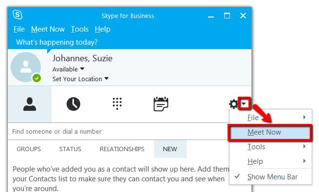 Lync desktop application. How do I start a meeting in Skype for Business/Lync? Through the Desktop Application (Windows) 1. 2.