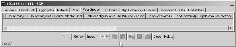 100 Chapter 3 Using Device Manager to configure BGP Peer Groups tab To configure or edit peer groups: 1 From the Device Manager menu bar, choose IP > BGP.