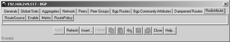 Configuring redistribute entries Chapter 3 Using Device Manager to configure BGP 115 You can configure a redistribute entry for BGP to announce routes of a certain source type, for example, direct,