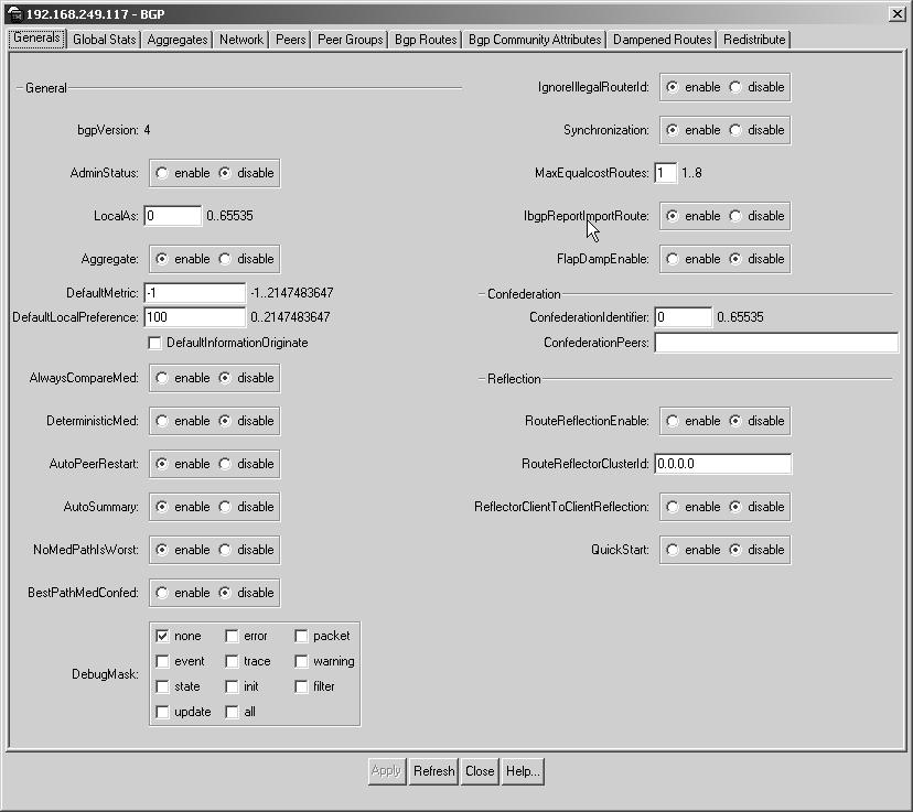Figure 16 BGP dialog box Generals tab Chapter 3 Using Device Manager to
