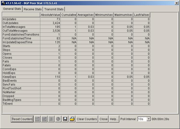 90 Chapter 3 Using Device Manager to configure BGP Figure 25 BGP Peer Stat dialog box General Stats tab As shown in Figure 25, the BGP