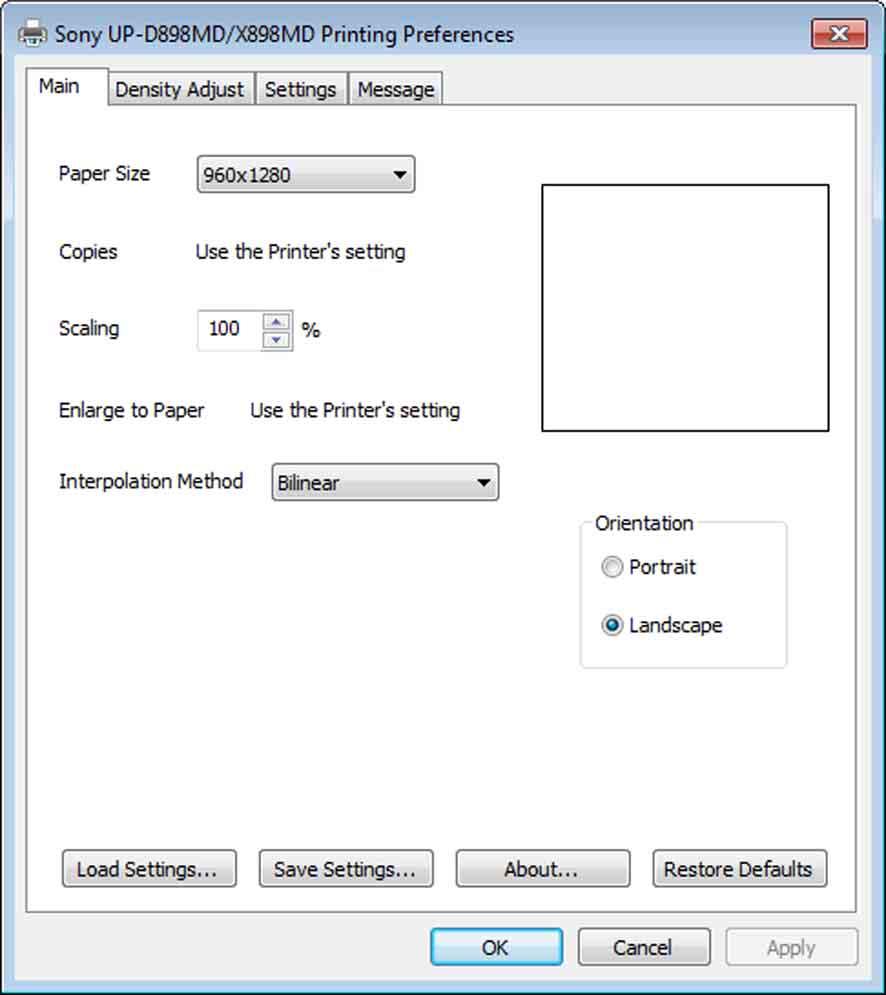 [Main] tab Settings This tab is used to make basic printing settings. Print results Printable area Image area Margin area 100 mm 150 mm Paper Size Select the paper size.
