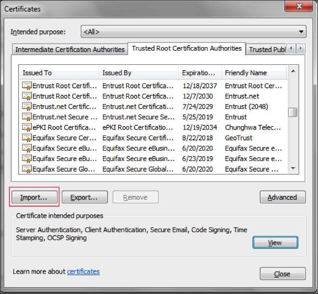 4. In the certificate folder on the Trusted Root