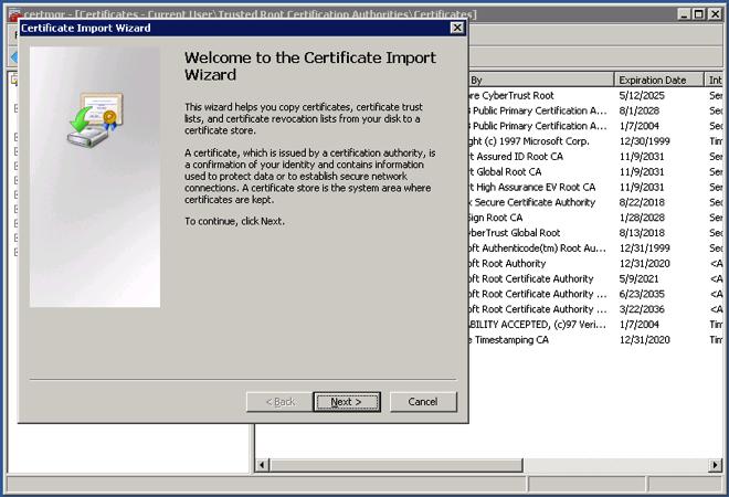 In Certificate Import Wizard, click