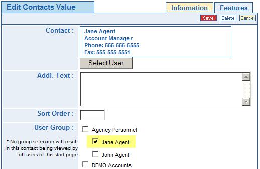 Step 3: Setup Agency Contacts on Start Page 1) Click the Start Pages menu option. 2) Select the Start Page to manage. (Fig-1) 3) In the Contacts feature box, click Values.