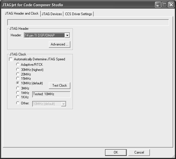 JTAGJET DRIVER FOR CODE COMPOSER STUDIO 2.X/3.0 I N S T A L L A T I O N I N S T R U C T I O N S FIGURE 6 Configuring the JTAG header and setting the clock speed.