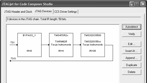 JTAGJET DRIVER FOR CODE COMPOSER STUDIO 2.X/3.0 I N S T A L L A T I O N I N S T R U C T I O N S Device List on the JTAG Chain FIGURE 7. JTAG chain diagram.
