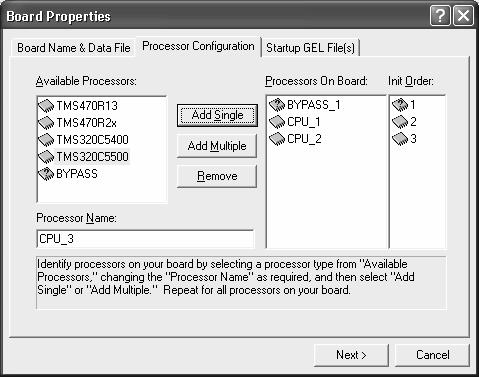 JTAGJET DRIVER FOR CODE COMPOSER STUDIO 2.X/3.0 I N S T A L L A T I O N I N S T R U C T I O N S Next, choose the TMS320C5500 processor, change the name to C5500 and click Add Single again.