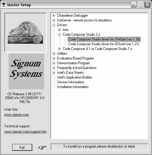 SIGNUM SYSTEMS The CCStudio Driver 1. Insert the Development Tools for Microsoft Windows disk into the CD-ROM drive.