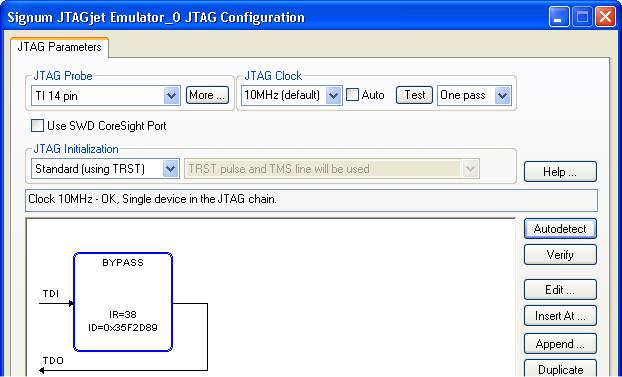 Click the Autodetect button. The resulting window may look like this. Note the BYPASS device detected in the JTAG scan chain.