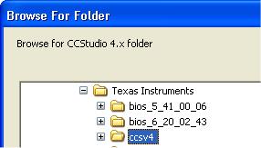 The setup program for CCStudio 3.3 will detect all installed CCStudio 3.3 versions and let you select one: 6. The setup program for CCStudio 4.x will ask you to browse for Code Composer Studio 4.