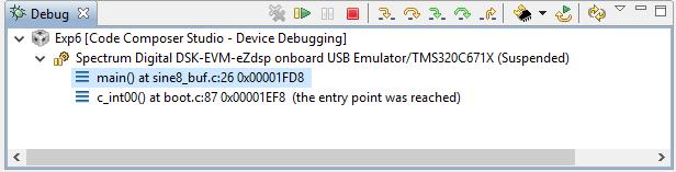 Section 7: Running the Executable file exp6.out. On the debug window, click to run program. Connect a speaker or scope to the LINE OUT connector on the DSK.