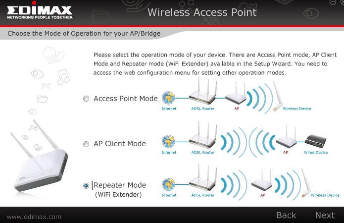 If you are not sure which address to assign to the Access Point. You can keep the default 192.168.2.1 address for the extender. Using 192.168.2.1 is fine. Click on Next.
